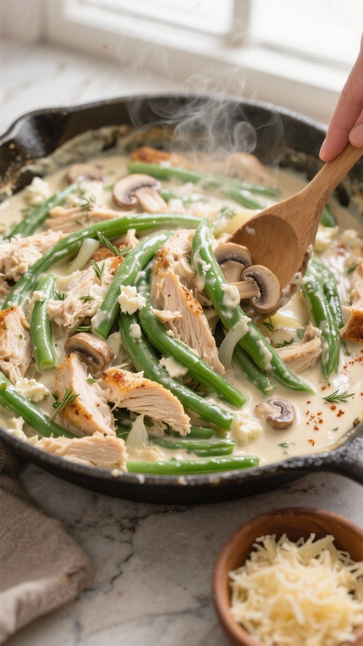 Cooking process, close-up detail: Creamy keto chicken and green bean casserole mixture being folded 