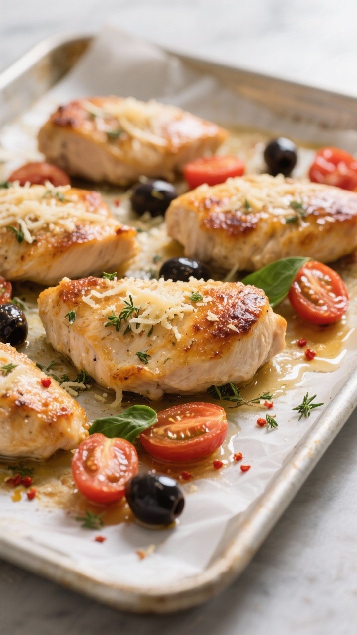 Cooking process, close-up detail: Golden-baked Italian chicken breasts sizzling on a parchment-lined