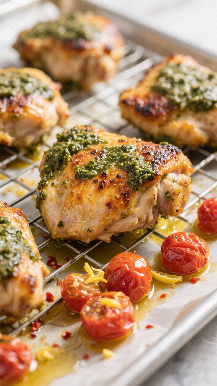 Cooking process, close-up detail: Golden-baked pesto chicken thighs on a wire rack over a parchment-
