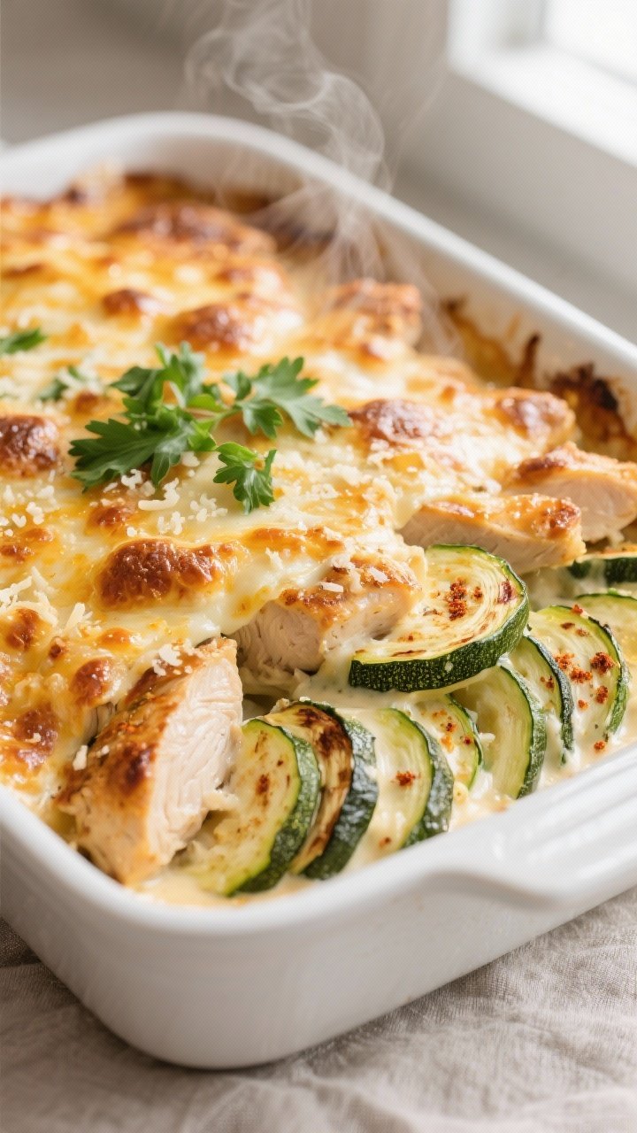 Cooking process, close-up detail: Golden, bubbling Low-Carb Creamy Chicken Zucchini Bake just out of