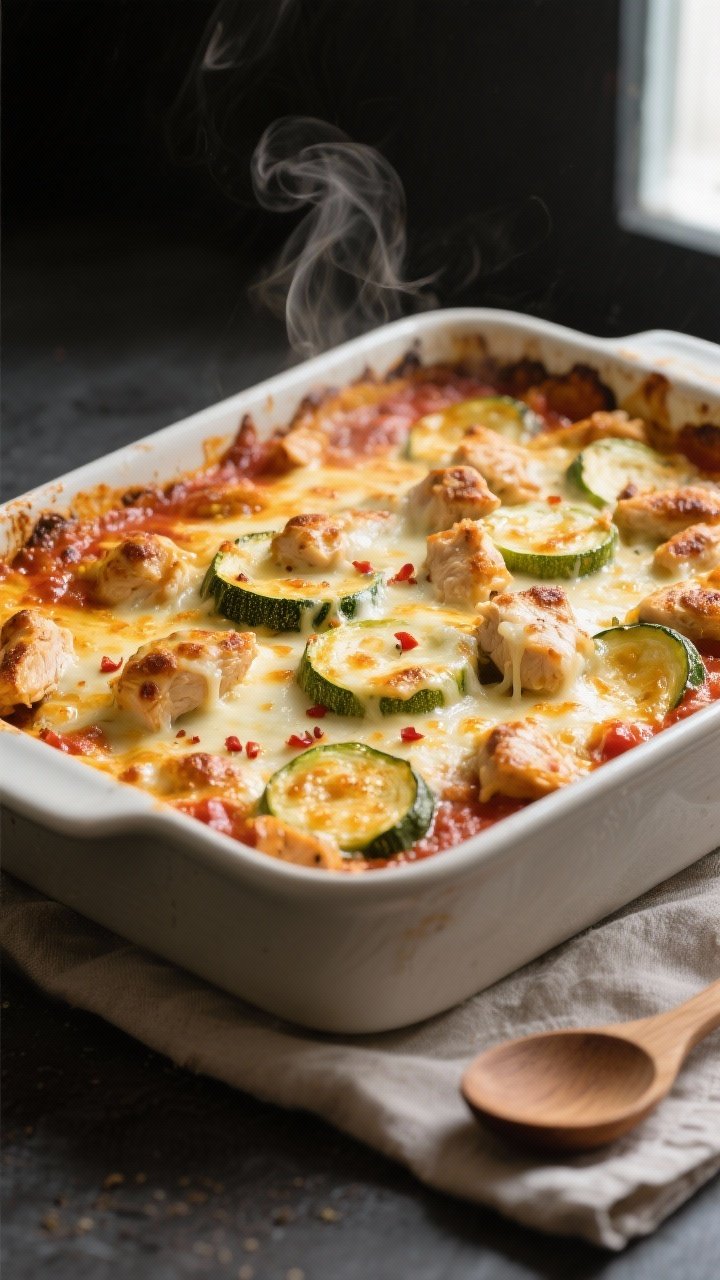 Cooking process, close-up detail: Golden, bubbly zucchini chicken casserole just out of the oven in 