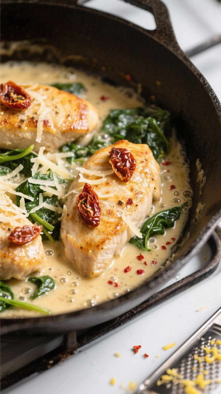 Cooking process, close-up detail: Golden pan-seared chicken breasts nestled in a skillet as the crea