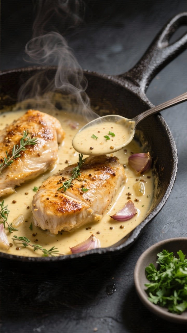 Cooking process, close-up detail: Golden-seared chicken breasts nestled in a skillet as the creamy D