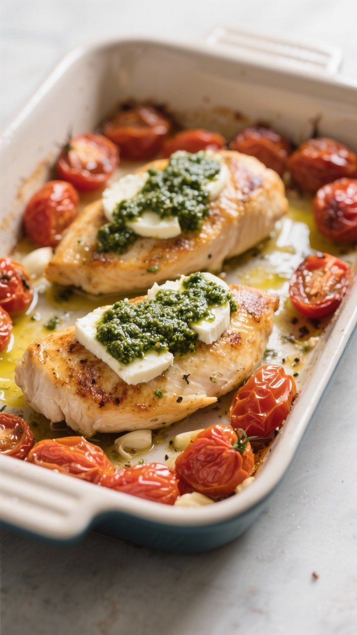 Cooking process, close-up detail: Golden-seared chicken breasts in a shallow enamel baking dish, jus