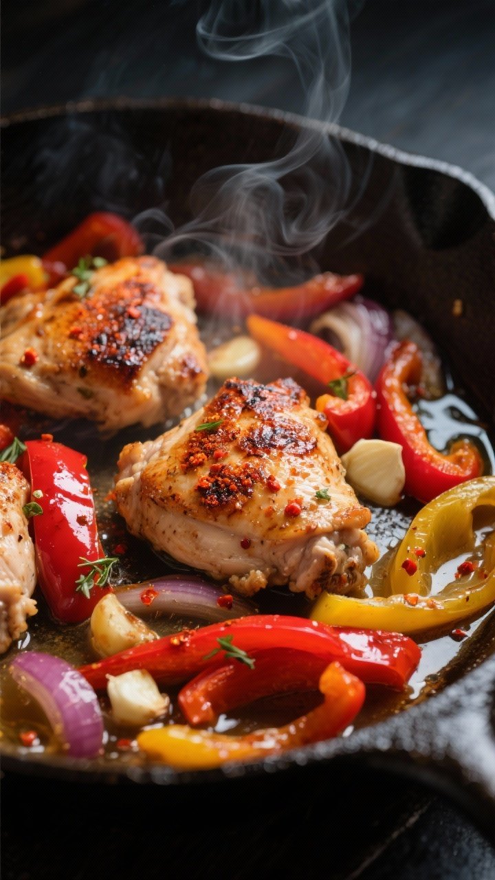 Cooking process, close-up detail: Seared Cajun chicken and sautéed bell peppers sizzling in a cast-