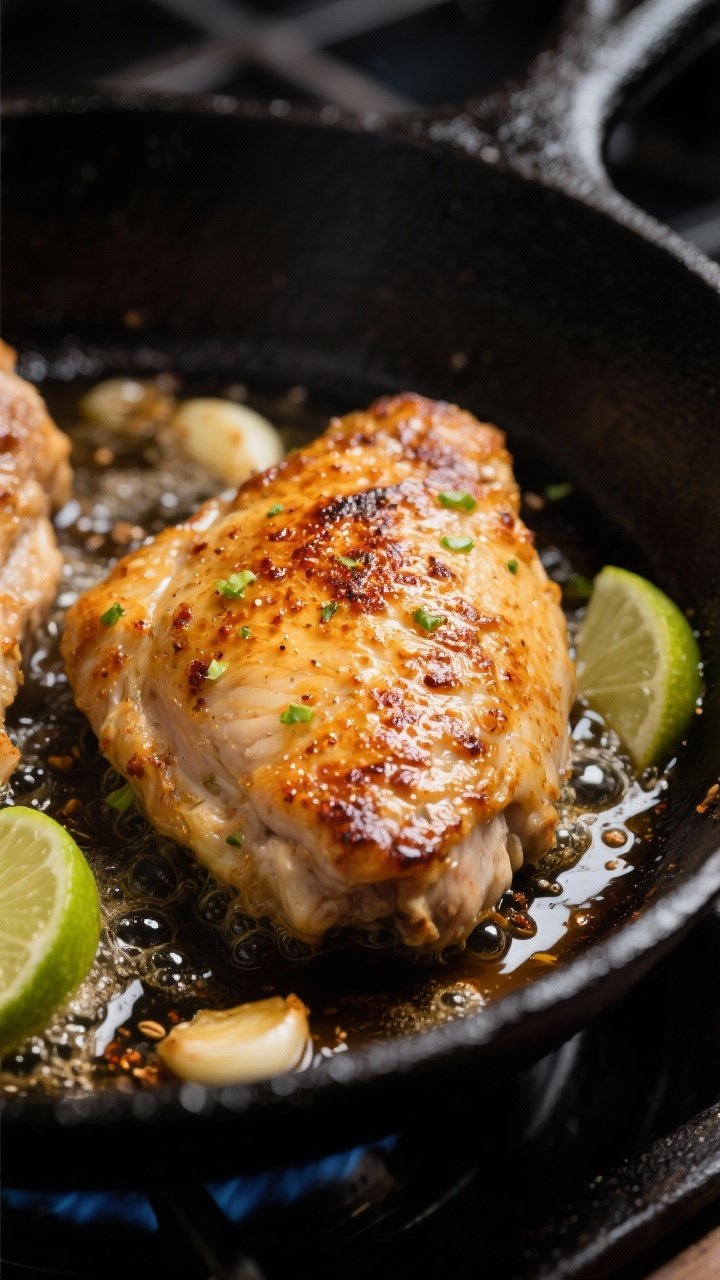 Cooking process, close-up detail: Searing garlic-lime chicken thighs skin-side down in a black cast-