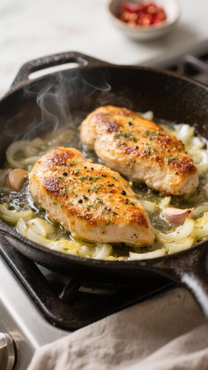 Cooking process, close-up detail: Searing ranch-seasoned chicken breasts in a heavy cast-iron skille