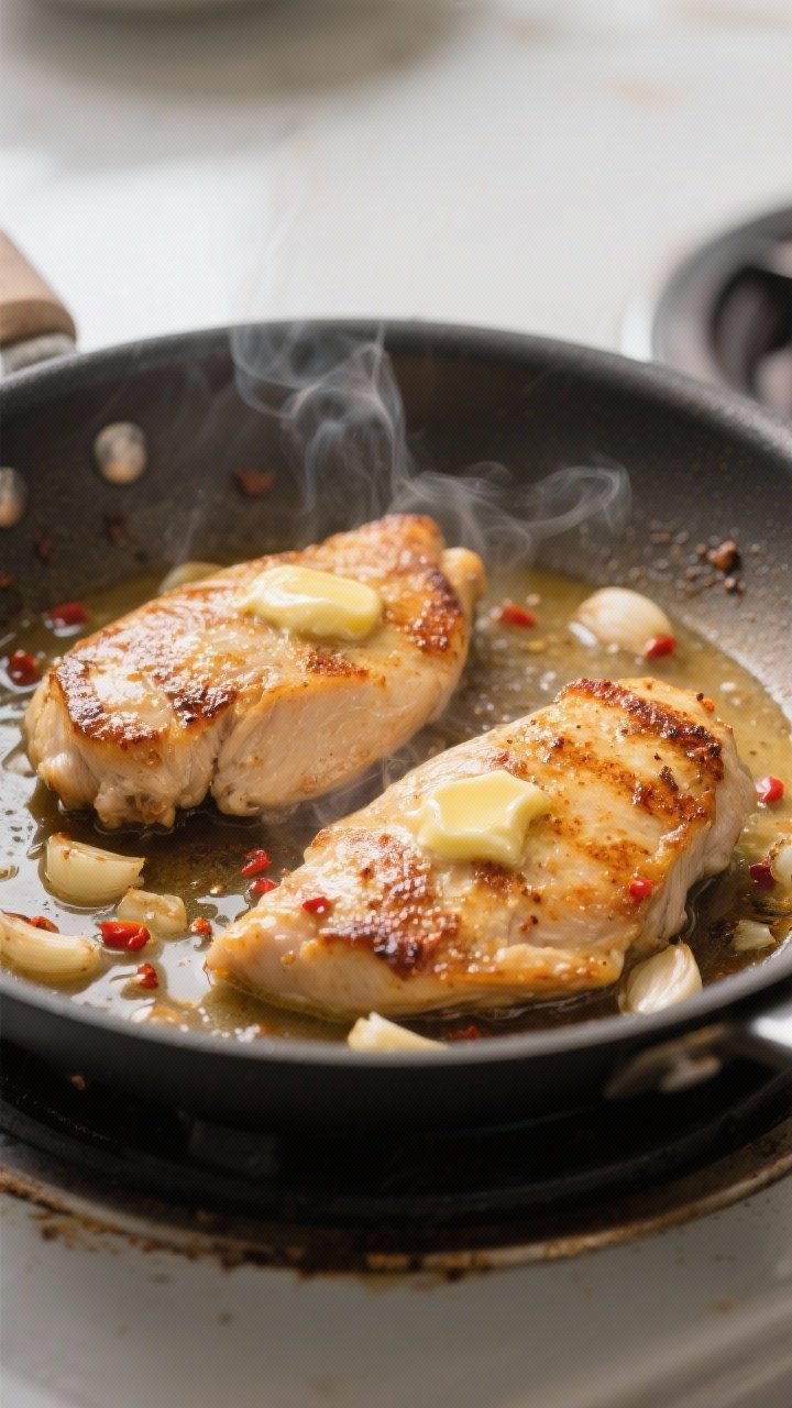 Cooking process, close-up detail: Sizzling garlic butter chicken cutlets in a large skillet, mid-coo