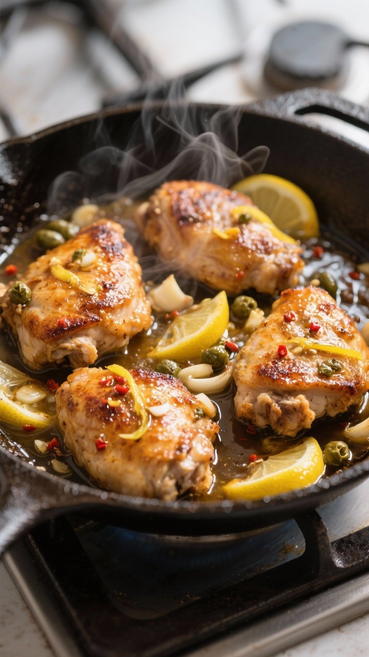 Cooking process, close-up detail: Sizzling keto lemon garlic chicken thighs in an oven-safe skillet 