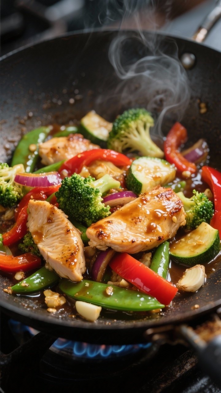 Cooking process, close-up detail: Sizzling low-carb chicken stir fry mid-cook in a carbon steel wok 