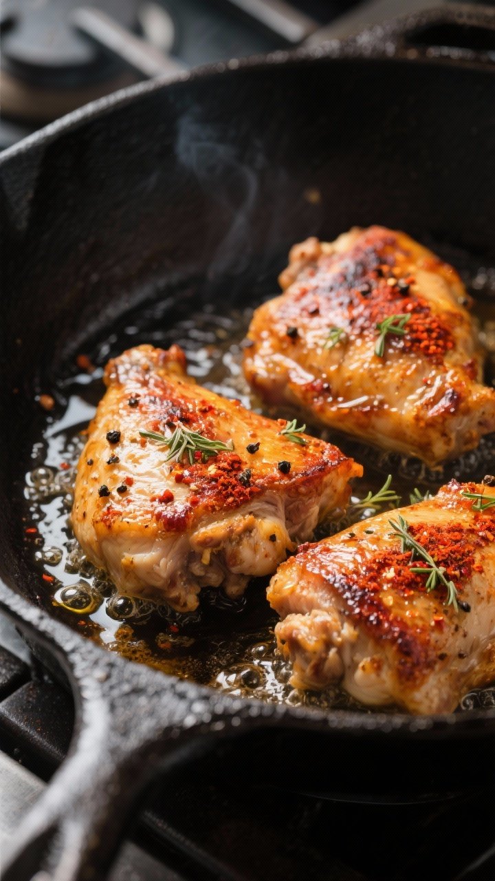 Cooking process, close-up detail: Skin-on Cajun chicken thighs searing skin-side down in a black cas