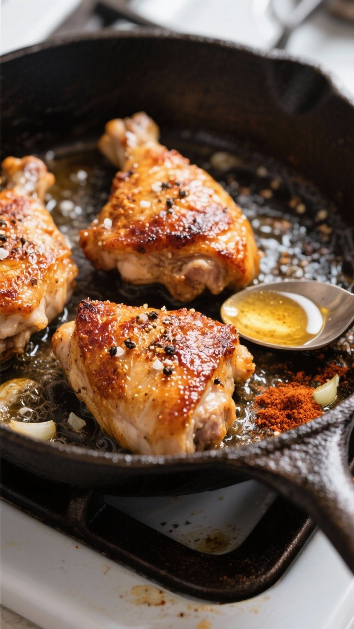 Cooking process, close-up detail: Skin-side-down chicken thighs sizzling in a cast-iron skillet over