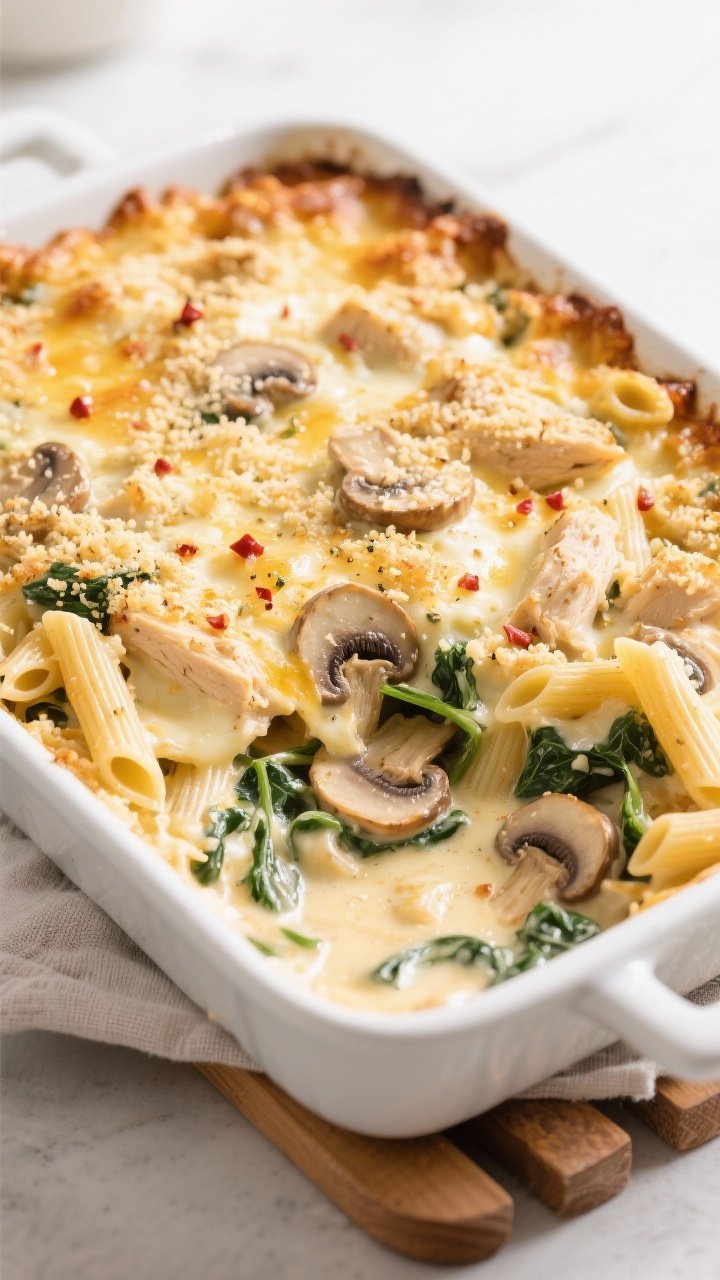 Cooking process close-up: Golden, bubbly Spinach Mushroom Chicken Alfredo casserole just pulled from
