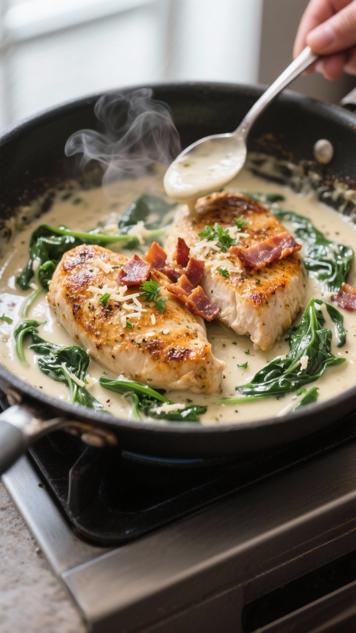 Cooking process close-up: Golden-seared chicken breasts nestled in a skillet of silky ranch cream sa