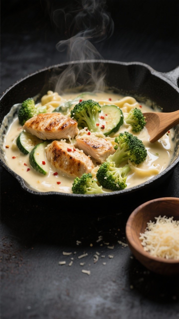 Cooking process close-up: Sautéed broccoli and zucchini being folded back into a silky Alfredo sauc