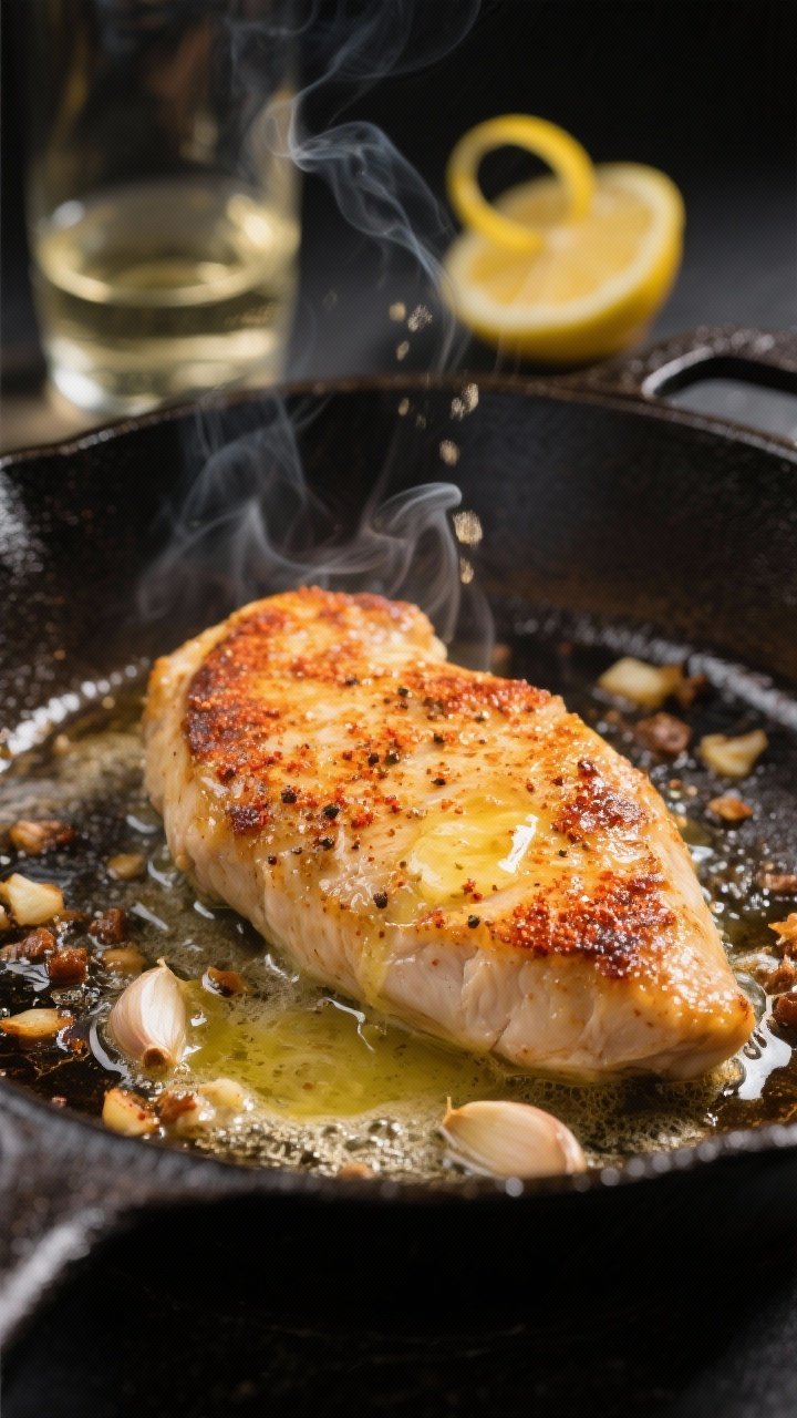 Cooking process close-up: Searing garlic-butter chicken cutlets in a heavy cast-iron skillet, golden