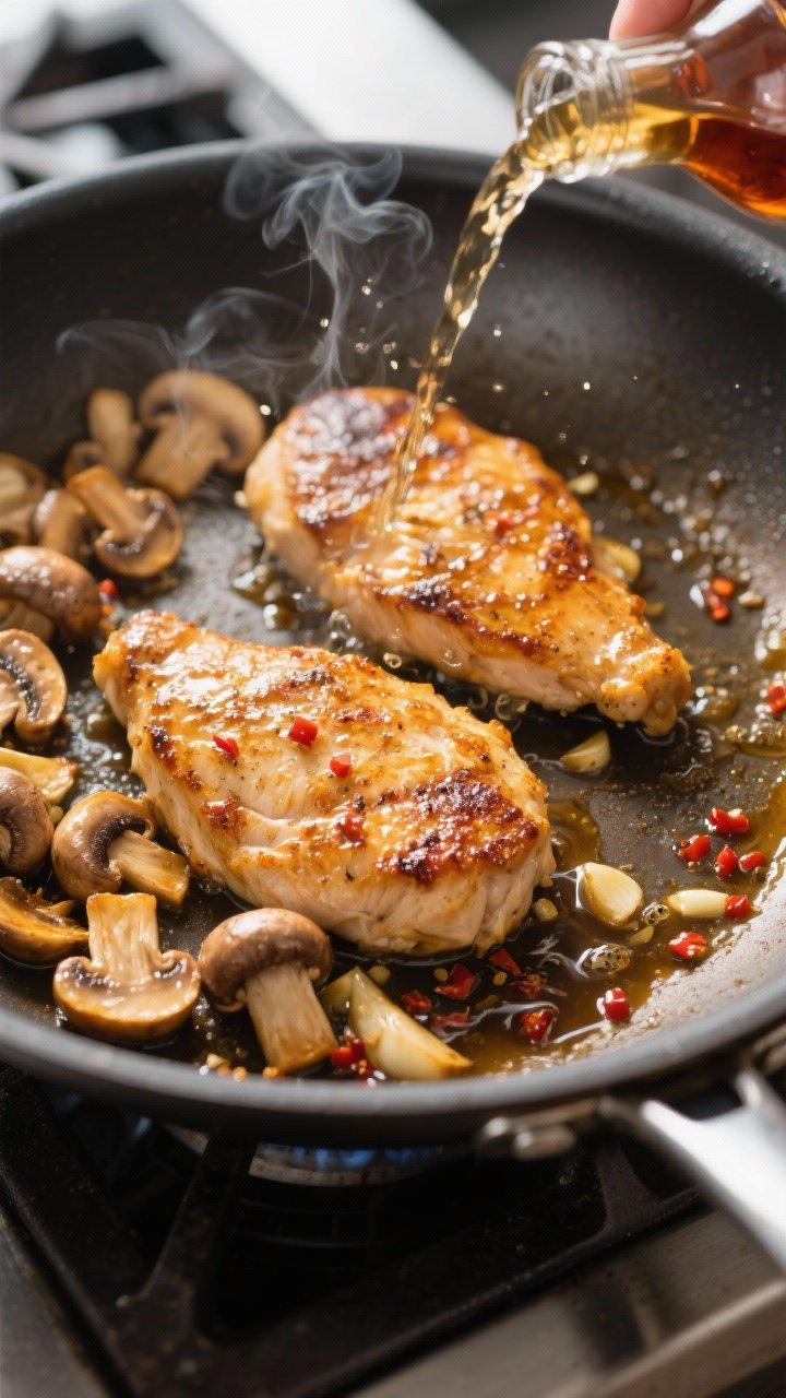 Cooking process close-up: Searing keto chicken Marsala cutlets in a large stainless skillet, golden-