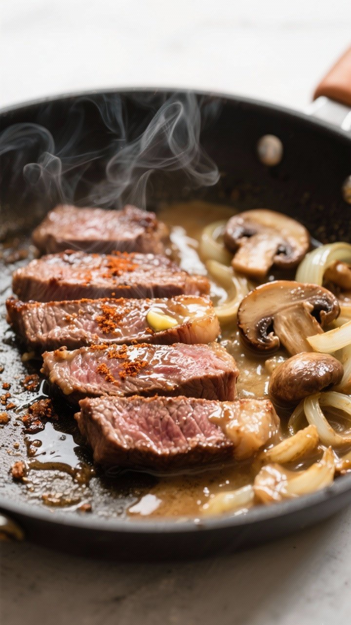 Cooking process close-up: Searing thin-sliced sirloin for low-carb beef stroganoff in a heavy stainl