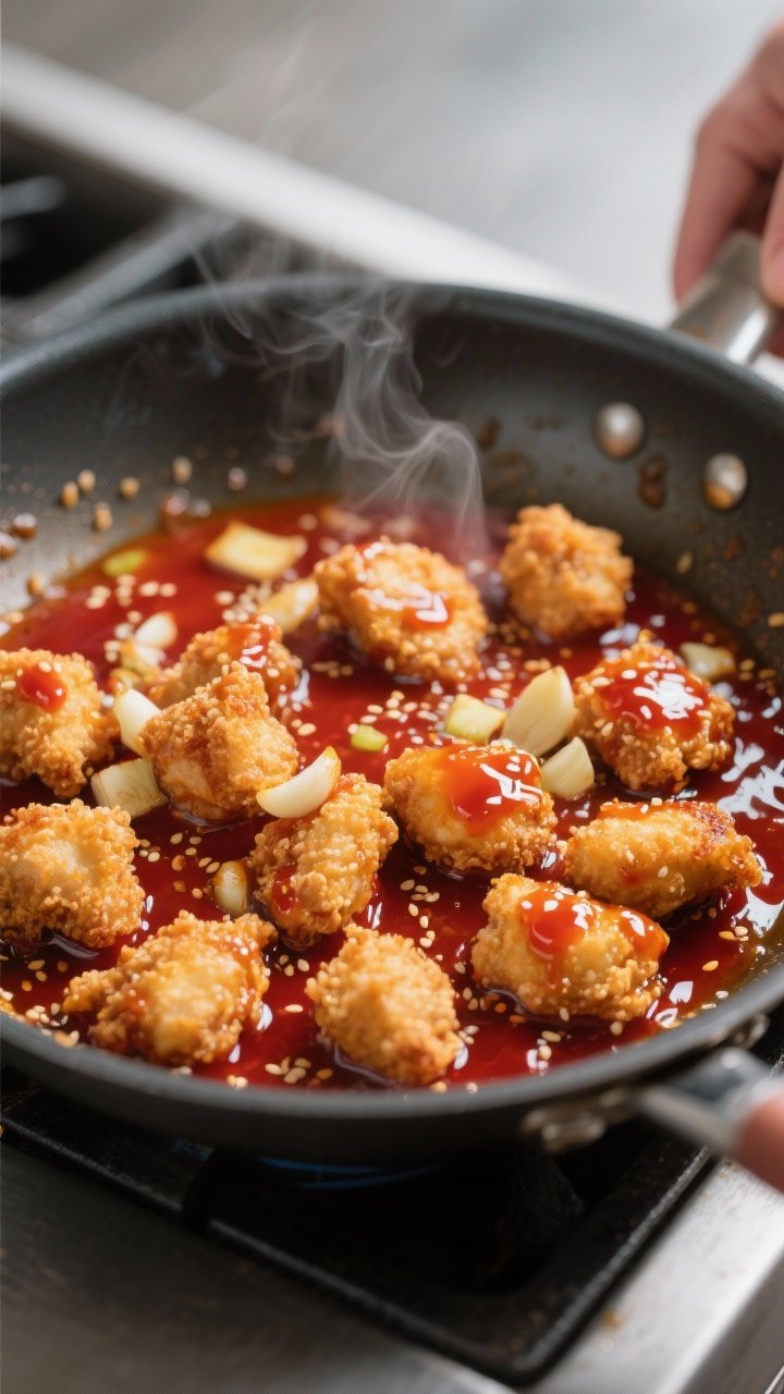 Cooking process close-up: Sriracha-honey-soy glaze bubbling in a skillet as crispy cornstarch-coated