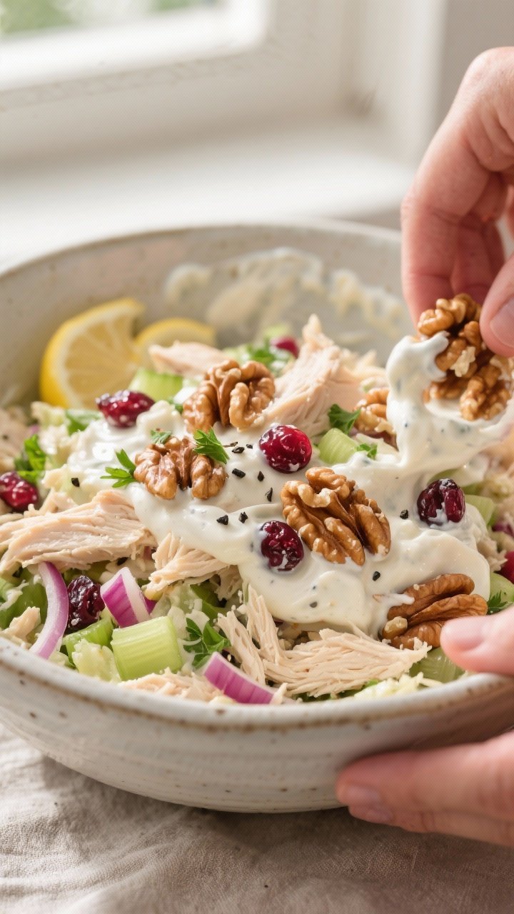 Cooking process close-up: Toasted walnuts being folded into a creamy low-carb chicken salad in a lar