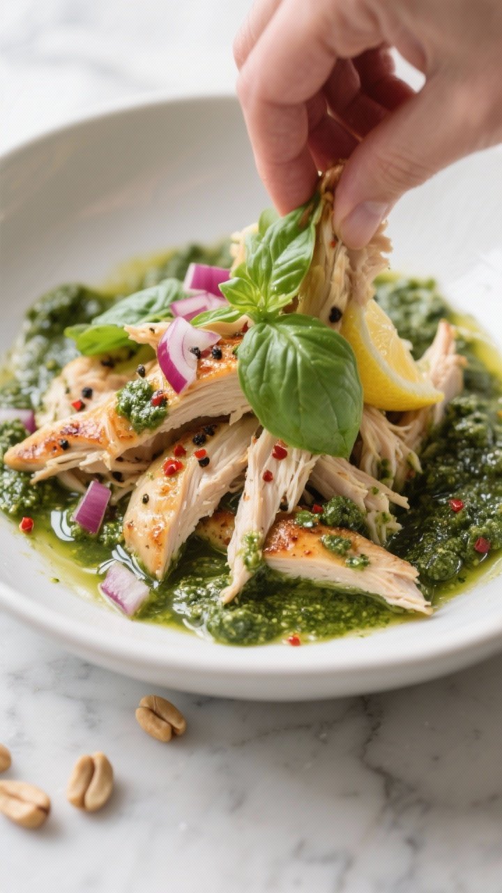 Cooking process close-up: Warm shredded rotisserie chicken being folded into a glossy basil pesto-le