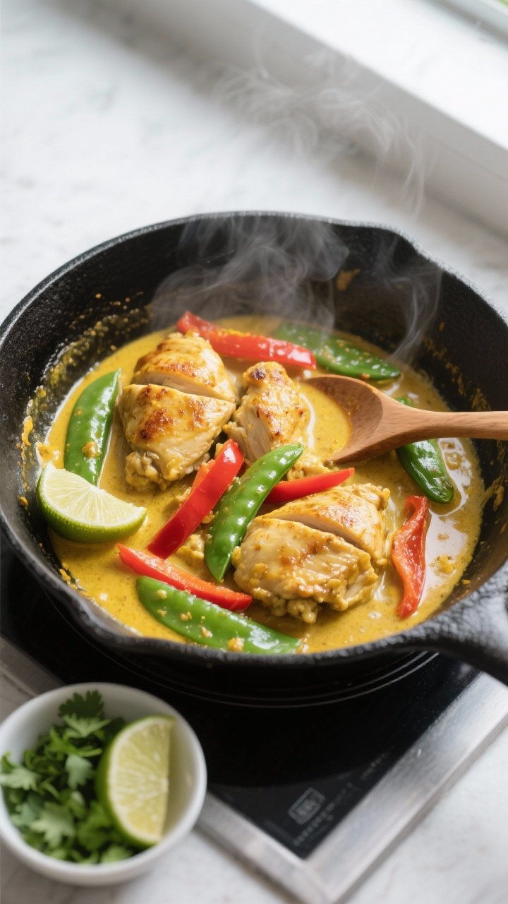 Cooking process: Coconut Curry Chicken Skillet mid-simmer in a wide, black cast-iron skillet on the 