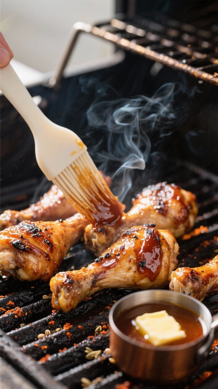 Cooking process, grill action: Close-up of keto BBQ chicken drumsticks on a medium-high grill, skin 