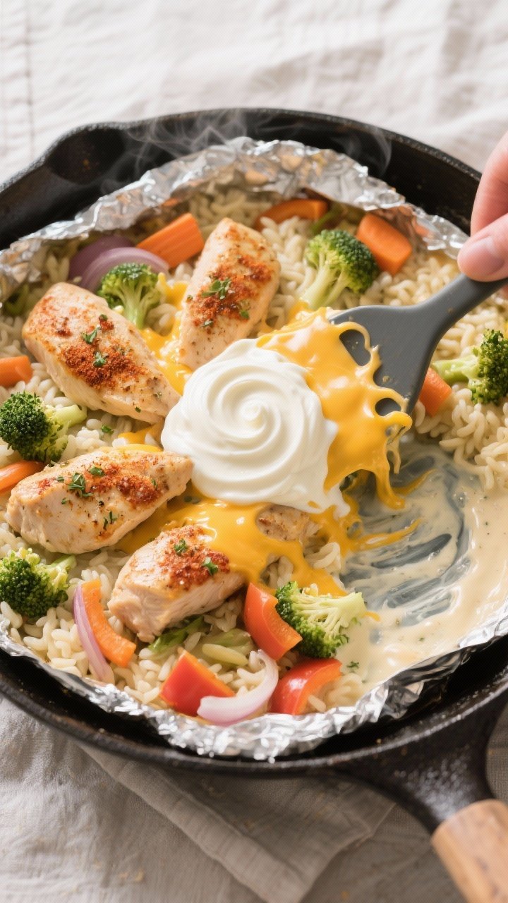 Cooking process, overhead: Overhead shot of a large oven-safe skillet just after the foil is removed