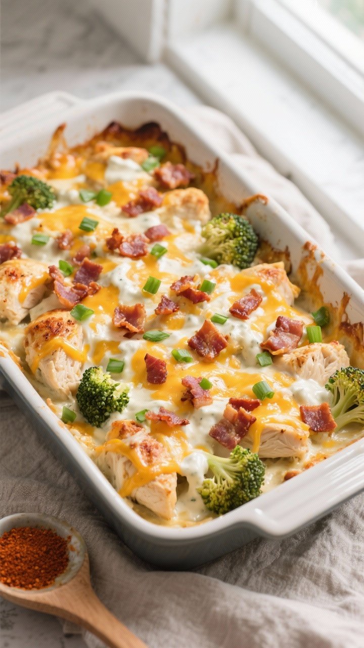 Cooking process, overhead: Overhead shot of the Cheesy Chicken Bacon Ranch Bake just out of the oven