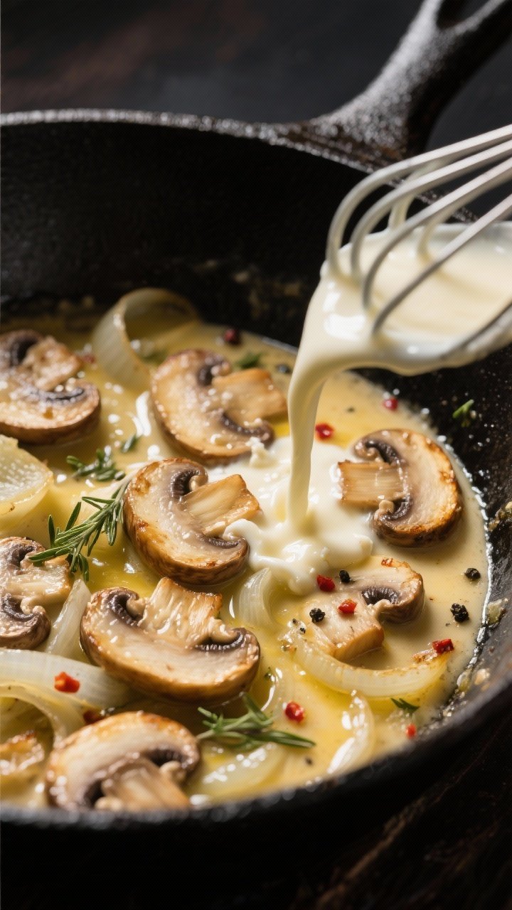 Cooking process — sauté and sauce: Close-up of golden-browned sliced cremini mushrooms and soften