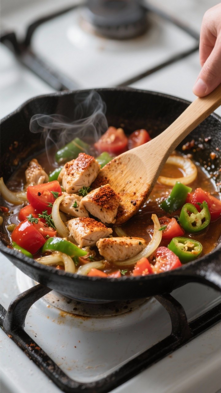 Cooking process — searing and simmering: Close-up of bite-size chicken pieces and sautéed onions 