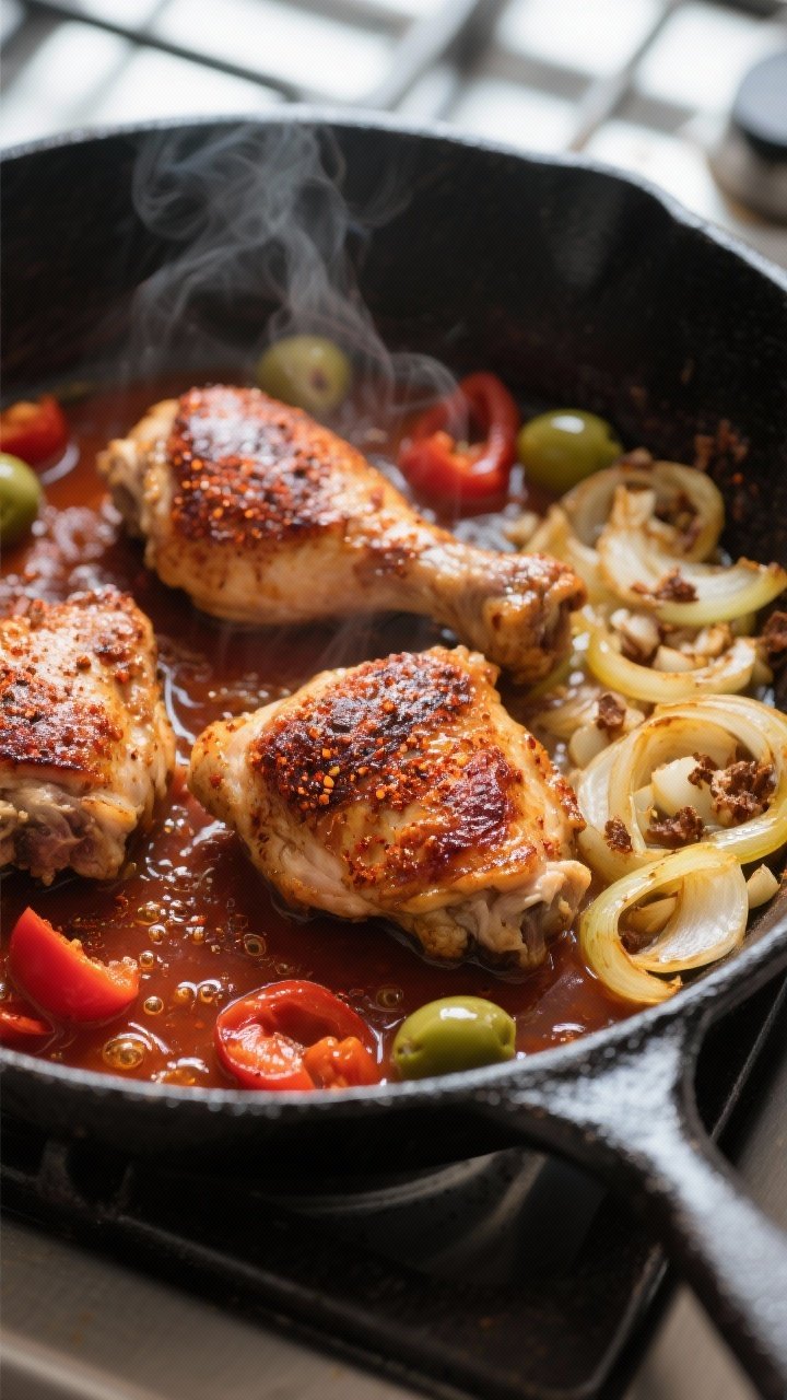 Cooking process: Searing smoky paprika–rubbed chicken thighs in a large black cast-iron skillet, m
