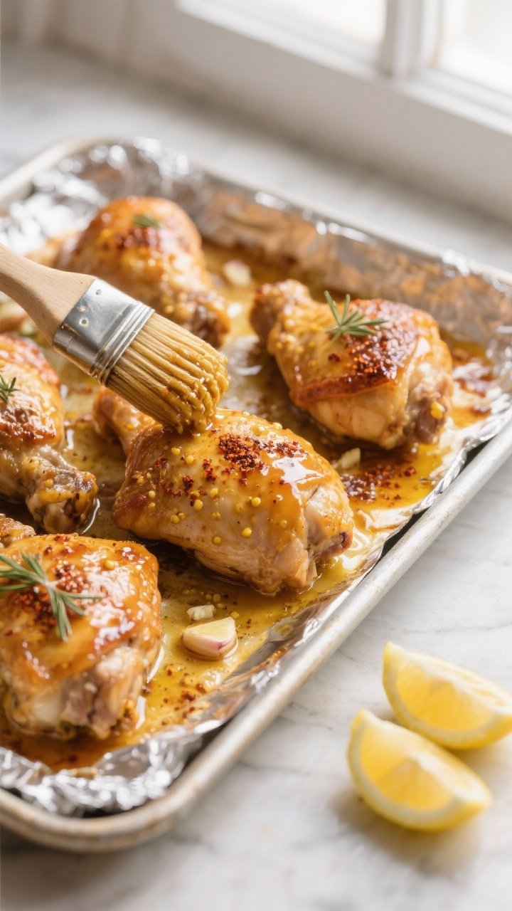 Cooking process shot: Honey Mustard Chicken Thighs mid-roast on a rimmed sheet pan lined with foil, 