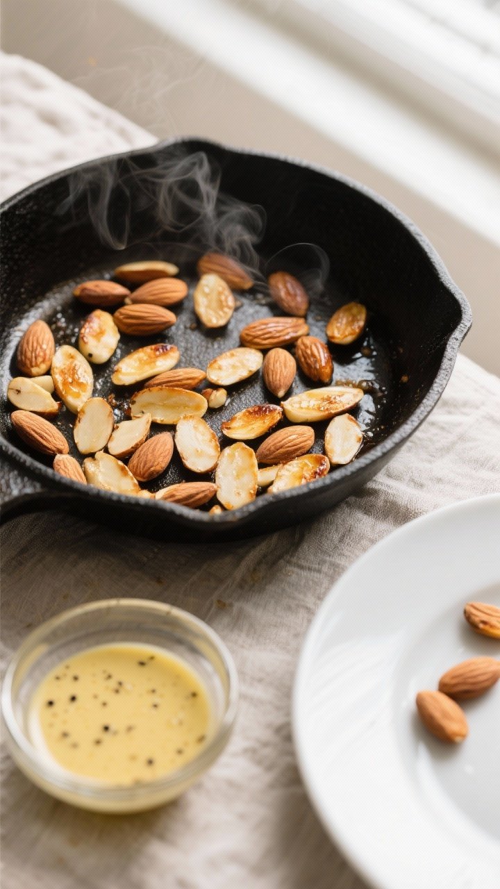 Cooking process — Toasting almonds for crunch: Overhead shot of sliced almonds turning lightly gol