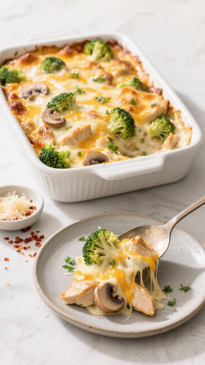 Final casserole — bubbly, cheesy, and plated: Overhead shot of the baked Keto Chicken & Broccoli M