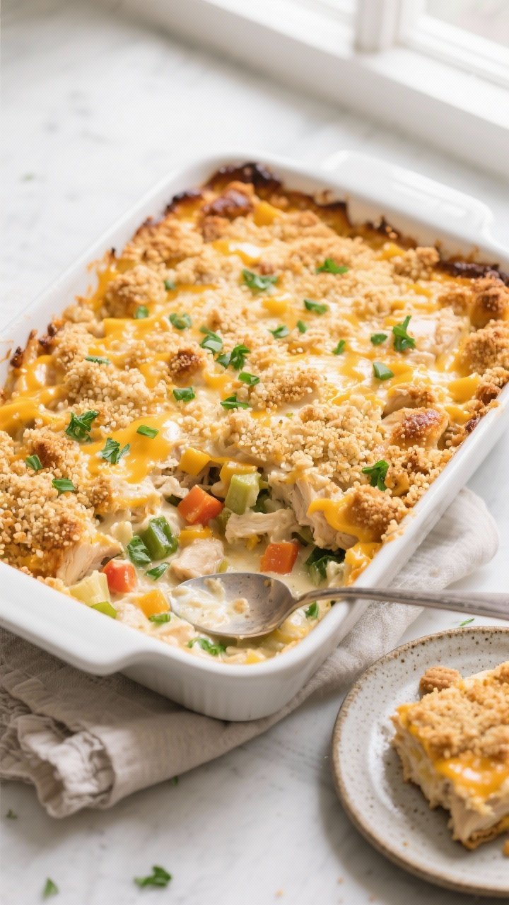Final casserole overhead: A golden-brown baked Creamy Ranch Chicken & Veggie Casserole in a 9x13 whi