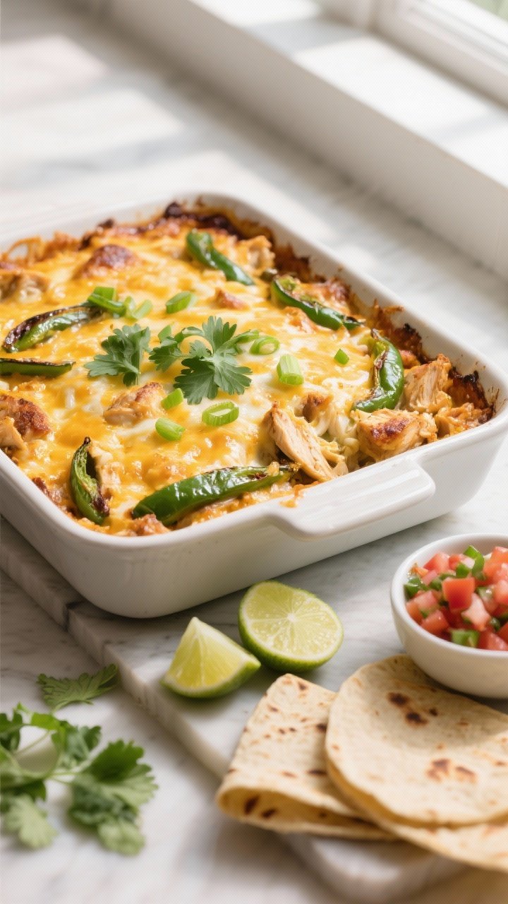 Final casserole overhead: Cheesy Poblano Chicken Casserole just out of the oven in a 9x13 dish, gold