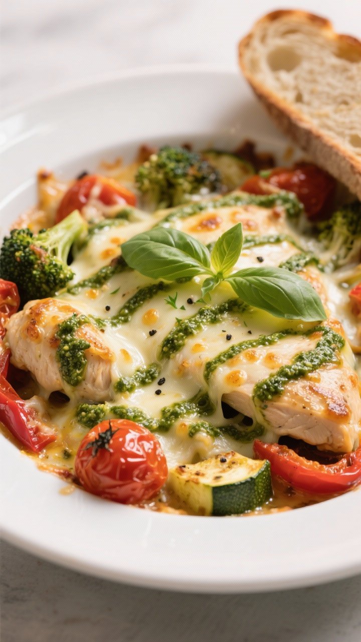 Final dish, close-up detail: Cheesy Pesto Chicken & Veggie Bake plated in a shallow white bowl, chee