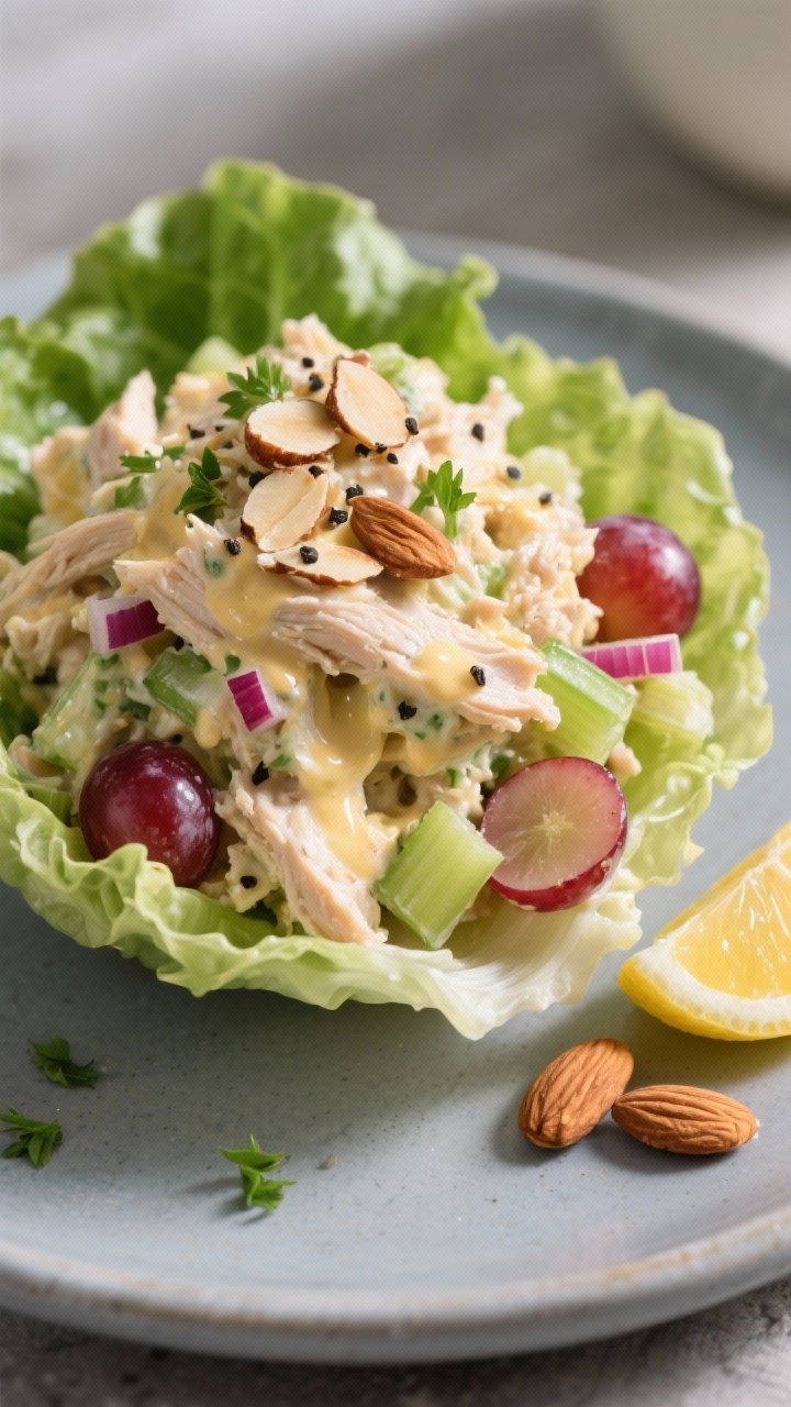 Final dish — Honey Mustard Low-Sugar Chicken Salad plated: Close-up detail of a mound of chicken s