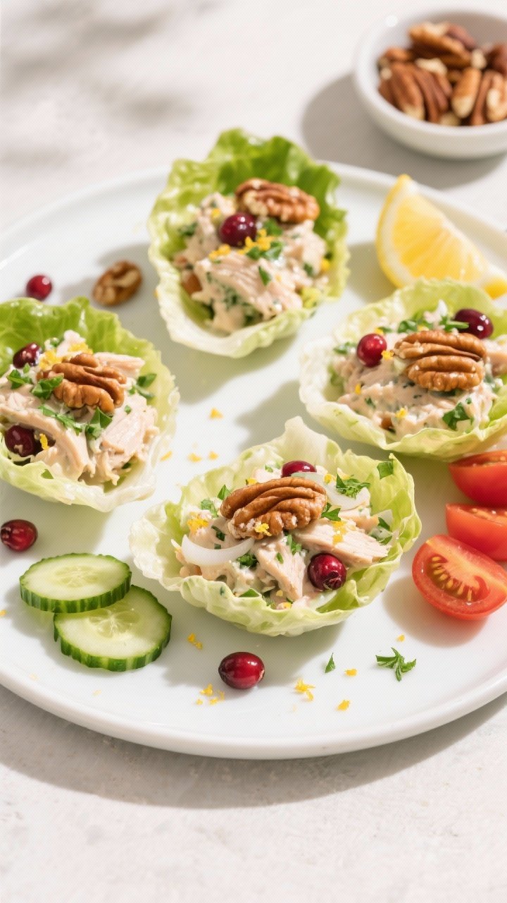 Final dish overhead: Cranberry Walnut Low Carb Chicken Salad served in crisp butter lettuce cups on 