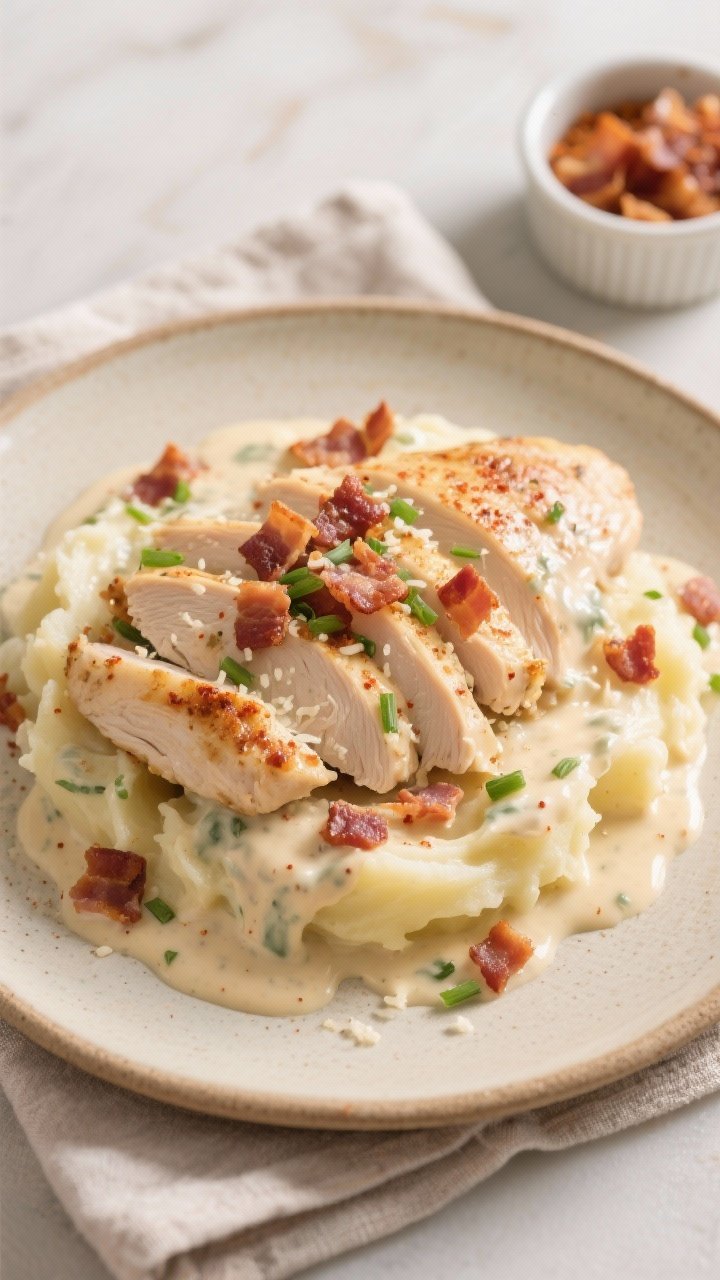 Final dish overhead: Creamy Bacon Ranch Chicken plated over buttery mashed potatoes, drenched with v