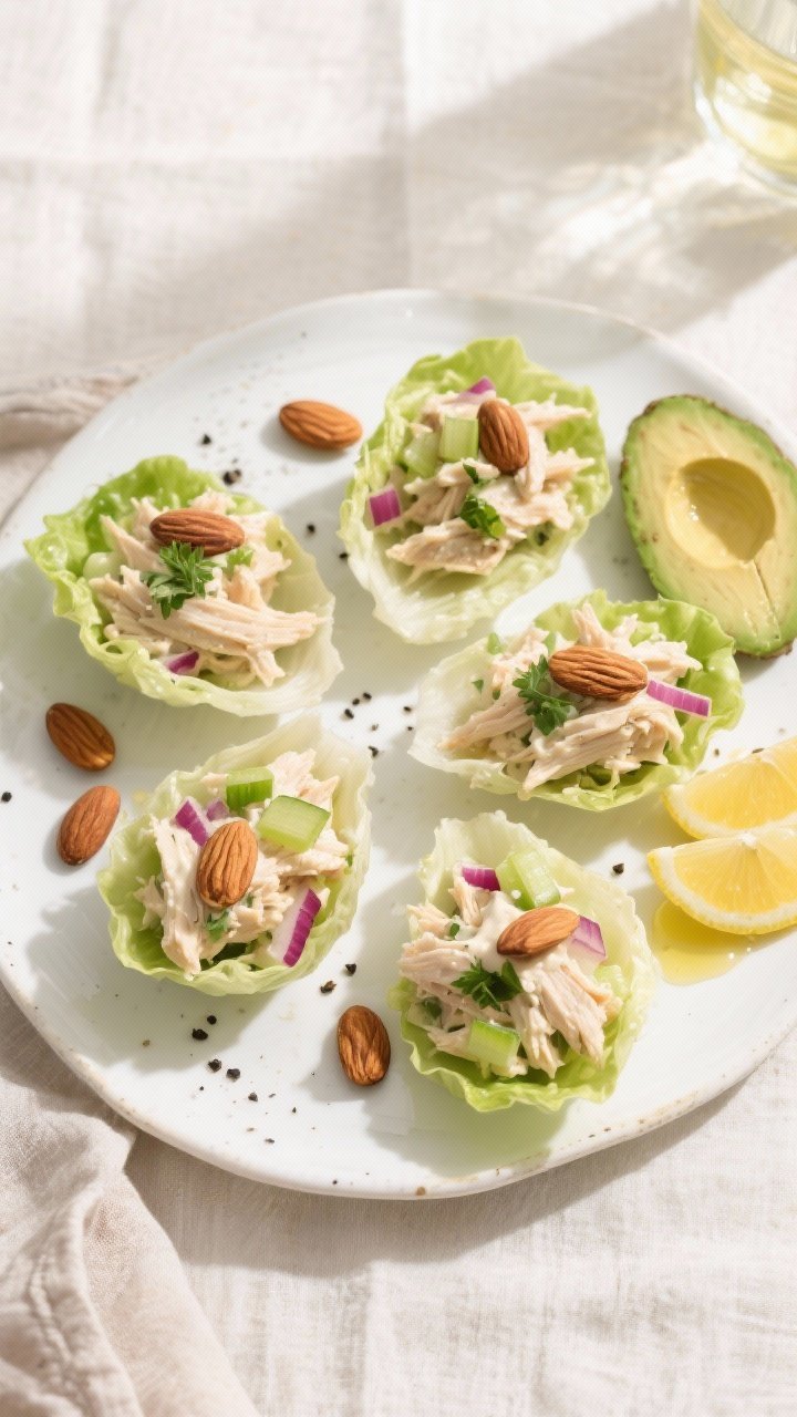 Final dish overhead: Dijon Almond Low Carb Chicken Salad served in crisp butter lettuce cups on a wh