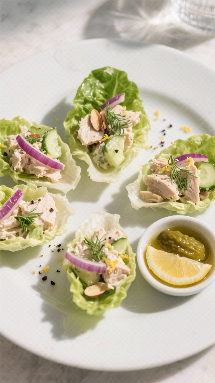 Final dish overhead: High-protein low carb chicken salad served in crisp butter lettuce cups on a ma