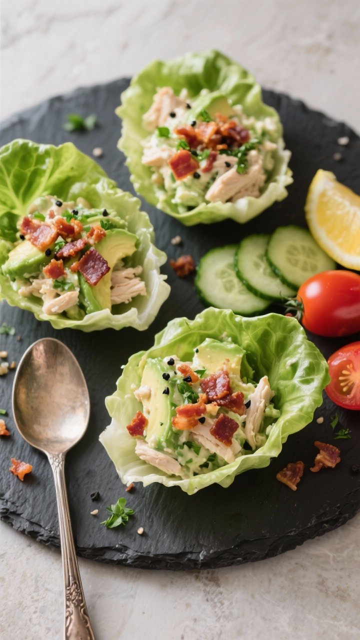 Final dish overhead: Overhead shot of Bacon Avocado Low Carb Chicken Salad spooned into butter lettu