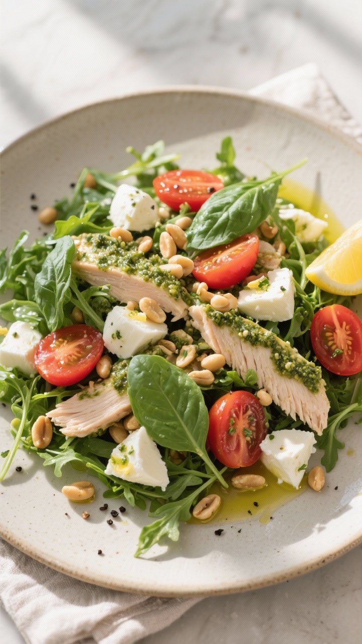 Final dish overhead: Pesto Mozzarella Low Carb Chicken Salad beautifully plated over a loose bed of 