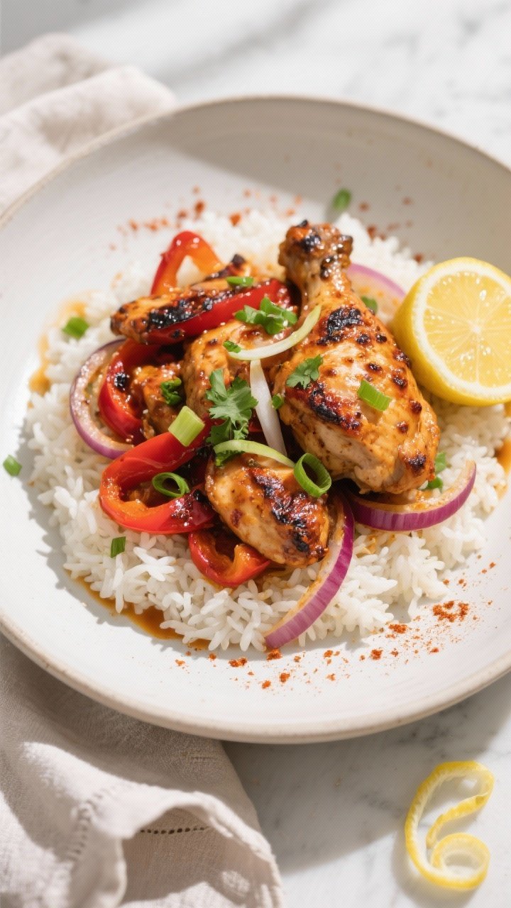 Final dish, overhead plated presentation: Spicy Cajun chicken skillet served over fluffy white rice 