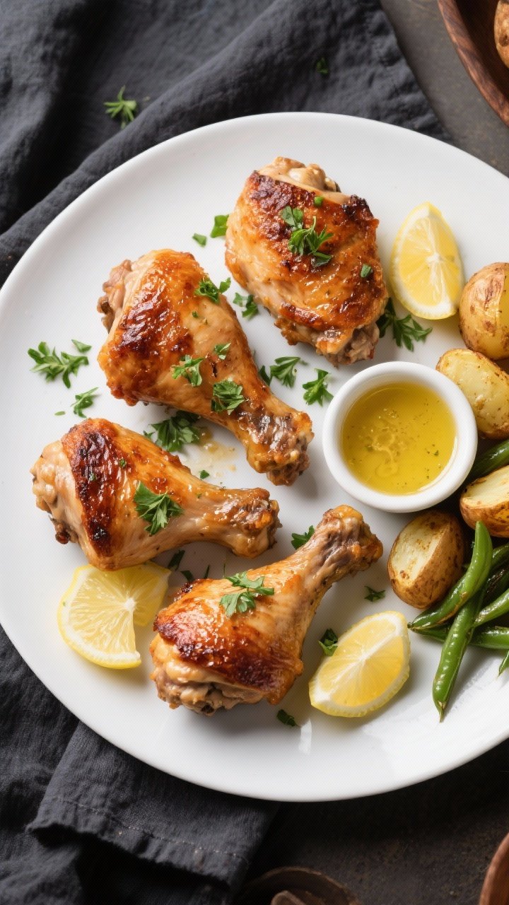 Final dish, overhead plated shot: Overhead shot of four crispy skin chicken thighs on a matte white 