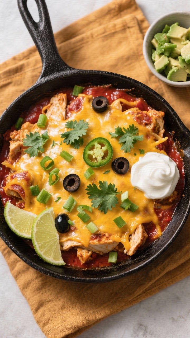Final dish, overhead plated shot: Overhead shot of the finished Low Carb Chicken Enchilada Skillet w