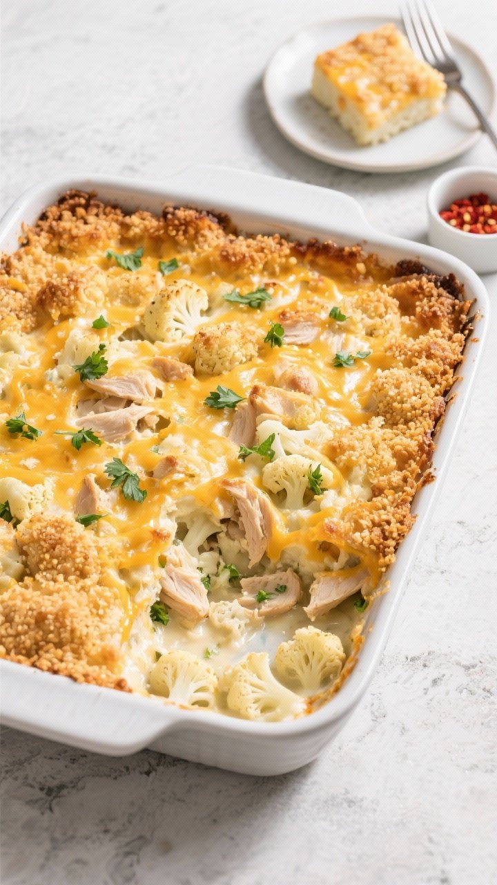 Final dish — Overhead shot of a freshly baked Cheesy Cauliflower & Chicken Casserole in a 9x13 bak
