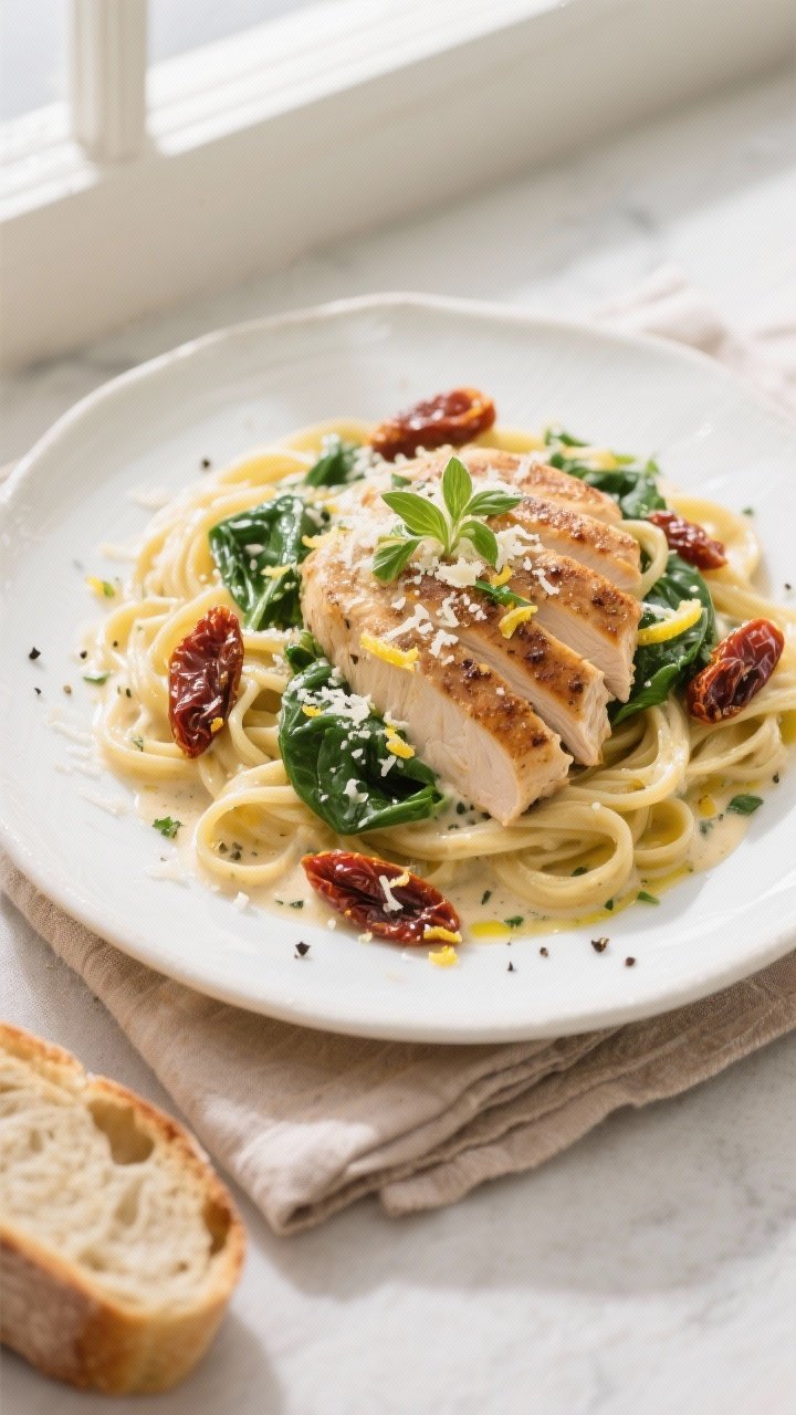 Final dish, : Overhead shot of Creamy Tuscan Chicken plated over al dente fettuccine, chicken sliced